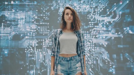 Woman Against Digital Circuit: A young woman is seen standing in front of a vibrant digital circuit background, symbolizing her connection to the technological advancements.