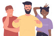 © Flash Vector - Joke and fun time of three best friends vector illustration. Cartoon guys and girl standing together in city park, group of happy male and female students laughing isolated. Friendship concept