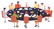 © Flash Vector - Teamwork of business people sitting at round office table vector illustration. Cartoon corporate team meeting at conference together, employees and chairman characters sit to discuss and exchange idea