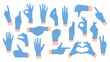 © Flash Vector - Different gestures of doctors hands in blue rubber gloves set. Body language collection of arms in protective gloves point up and down, count numbers with fingers cartoon vector illustration