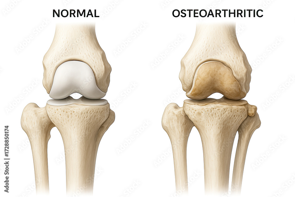 Normal Knee Development Medical illustration comparing a normal knee joint with an ...