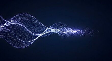 Abstract digital wave with glowing particles on a dark blue background.
