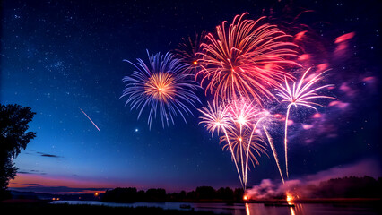 Fireworks exploding against a clear night sky with stars background