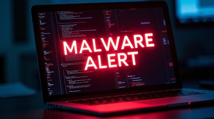 Close-up of a laptop screen displaying a 'Malware Alert' warning in bold red letters, emphasizing cybersecurity concerns.