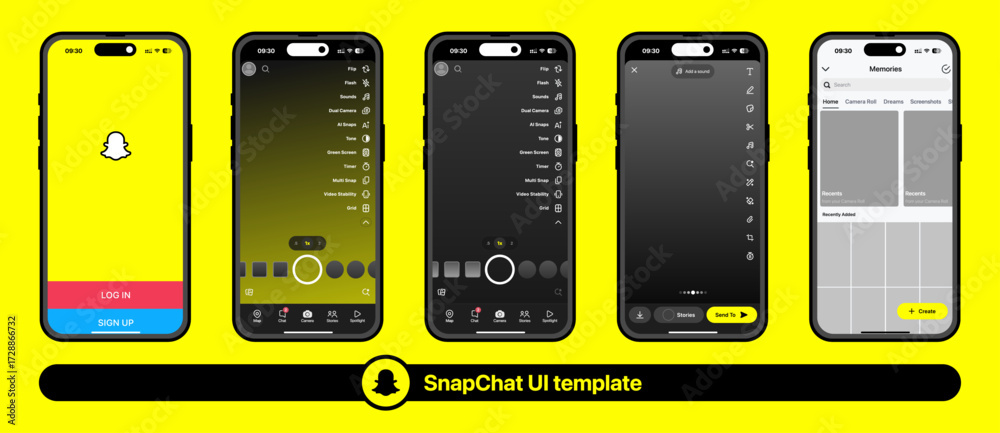 Snapchat app template UI 2025 update on iPhone 17. Social media ...
