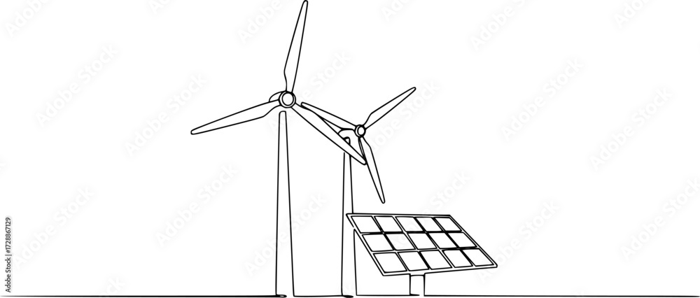Continuous one line drawing of wind turbine and Solar panel vector ...