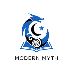monster myth book cartoon  education moon stars blue, black waves logo symbol water sea