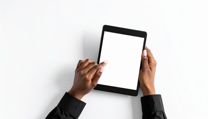 Elegant hands interacting with a modern tablet device, showcasing technology and digital engagement with a clean, bright background for versatile use cases.