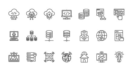 Comprehensive set of modern technology line icons encompassing cloud computing, data storage, network security, and internet infrastructure for digital solutions