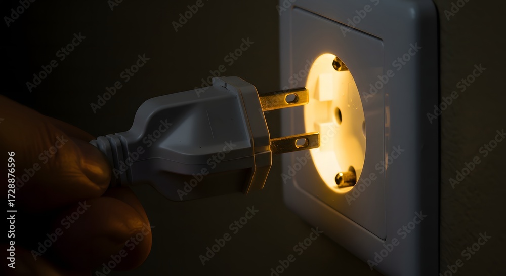 Hand inserting a plug into a glowing electrical socket, symbolizing ...