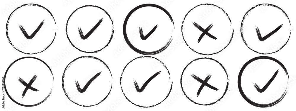 Check marks hand drawn doodle set. tick, cross signs for checkbox ...