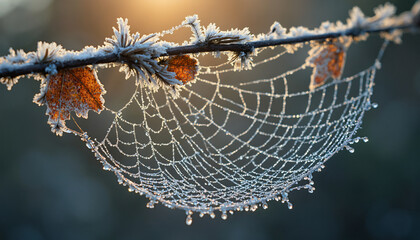 Frost-covered spiderweb with water droplets on a branch in sunlight