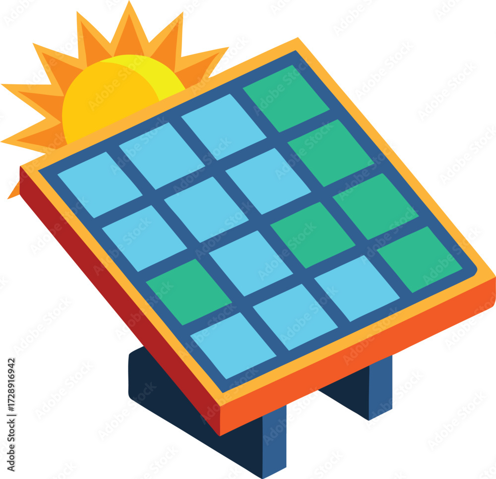Isometric solar panel with bright sun graphic icon isolated on white ...