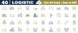 © Logo Solution - 40 Logistic line editable art icons set.  With trucks, containers, and shipping symbols, transport, truck, container, cargo, warehouse, package, box, trolley, cart, map, route, vector illustration.
