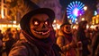 © Jaetin - Halloween celebration with people in pumpkin masks and glowing costumes at a night carnival.