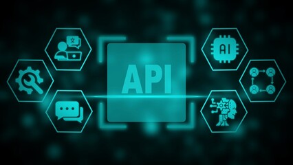 Teal colored Application Programming Interface concept with surrounding icons and blurred background