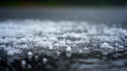 Wall Mural - ﻿Timelapse of hail accumulating and melting on a dark pavement ground, surface, no text