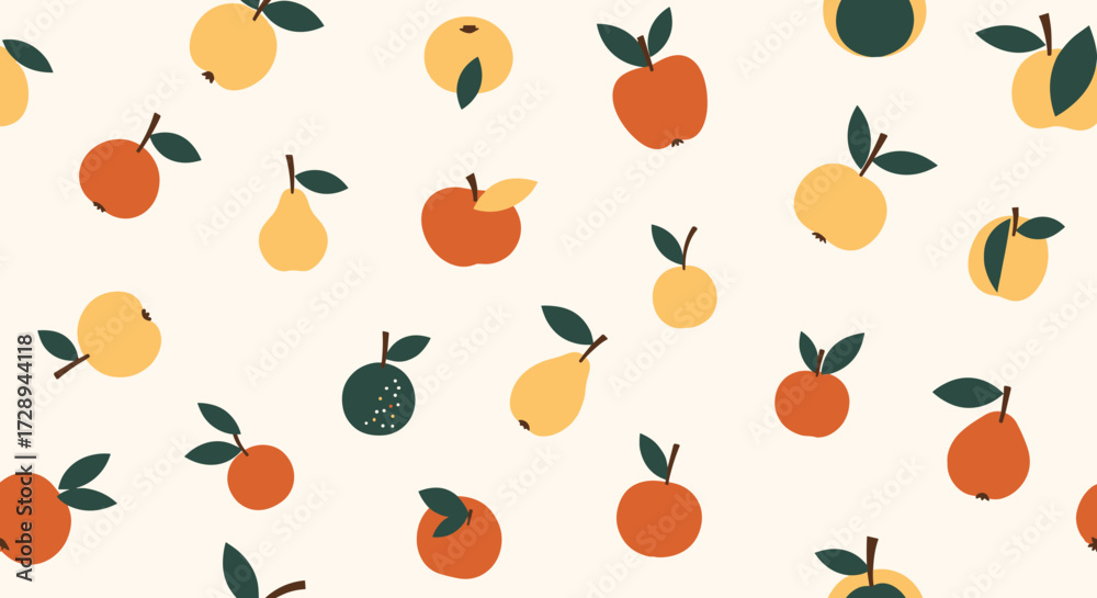 A charming autumnal pattern featuring various apples and pears in warm ...