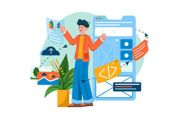 Man Designing App Interface with Charts and Plant on Transparent Background