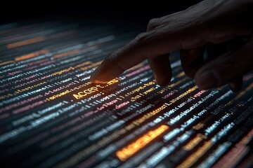 Hand Hovering Over Glowing Code On Digital Screen