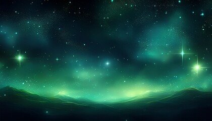 Wall Mural - enchanted night sky background with space for design website header banner with sparkling stars effect deep green glow