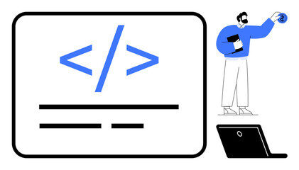 Developer holding book and presenting large code screen, blue accent, laptop in corner. Ideal for programming, development, tech education, IT training, online learning, coding tutorials simple flat