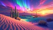 © Fazeel - Otherworldly desert with iridescent sand dunes, glowing cacti, aurora-like sky, radiant horizon, sharp HD clarity