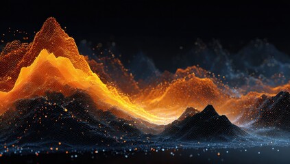 Dynamic digital landscape with vibrant glowing orange peaks against a dark background, representing data flow and technology