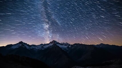 Wall Mural - ﻿Dazzling star trails arc over a majestic mountain range under a clear night sky outdoor, background, journey