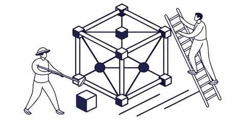Isometric illustration of two workers interacting with a complex geometric structure with ladders vector illustration