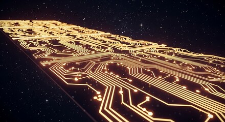 Futuristic glowing circuit board extending into a cosmic background, representing advanced digital technology, data networks, and the intricate pathways of information flow