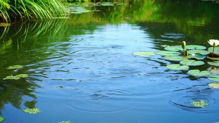 Wall Mural - Tranquil timelapse of a serene pond surface gradually becoming agitated by falling rain droplets, creating ripples wilderness, storm, pattern