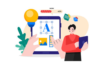 Mobile App Interface Design with Man in Red Sweater Touching Screen and Yellow Lightbulb on Transparent Background