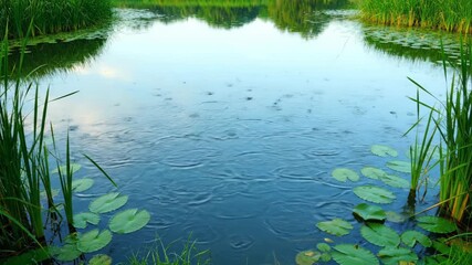 Wall Mural - Tranquil timelapse of a serene pond surface gradually becoming agitated by falling rain droplets, creating ripples background, agitated, tranquil