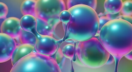 Iridescent sphere formations showing an intricate molecular structure and network connection