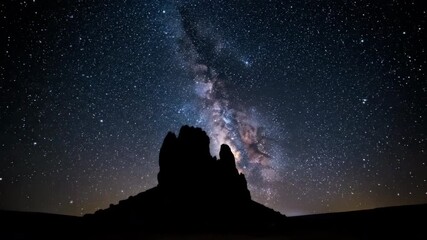 Wall Mural - The brilliant Milky Way galaxy slowly sweeps across the heavens above a distinctive rock formation under a starry night timelapse mountain, stars, monument