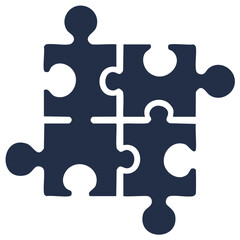 Four dark blue interconnected puzzle pieces forming a complete square shape representing solution unity teamwork concept