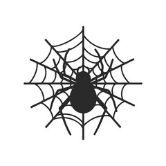 Black spider silhouette on intricate web design against white background