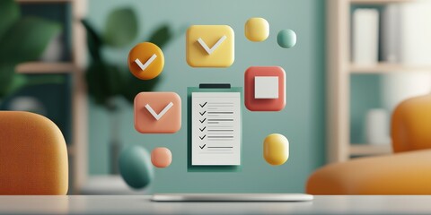 Productivity Tools task apps concept. Digital checklist with colorful icons and background elements.