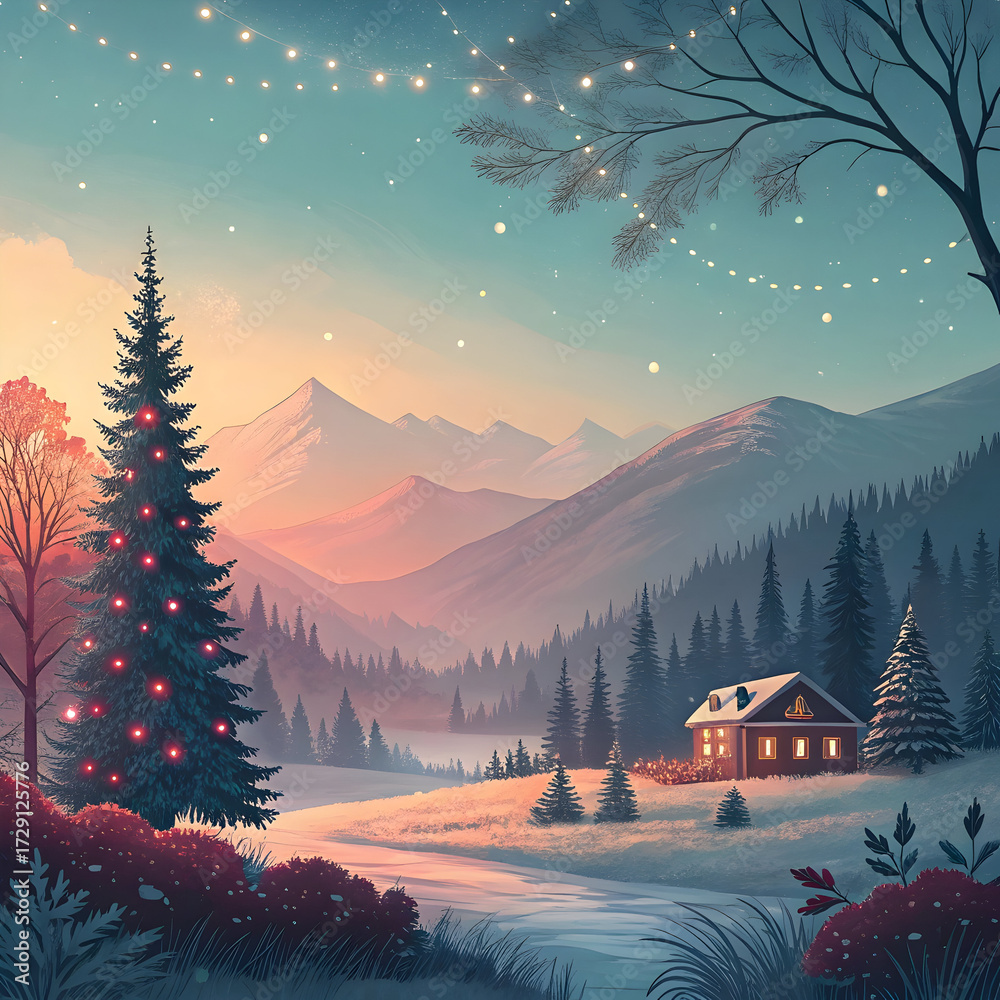 Festive Christmas tree and cabin in a snowy mountain landscape with ...