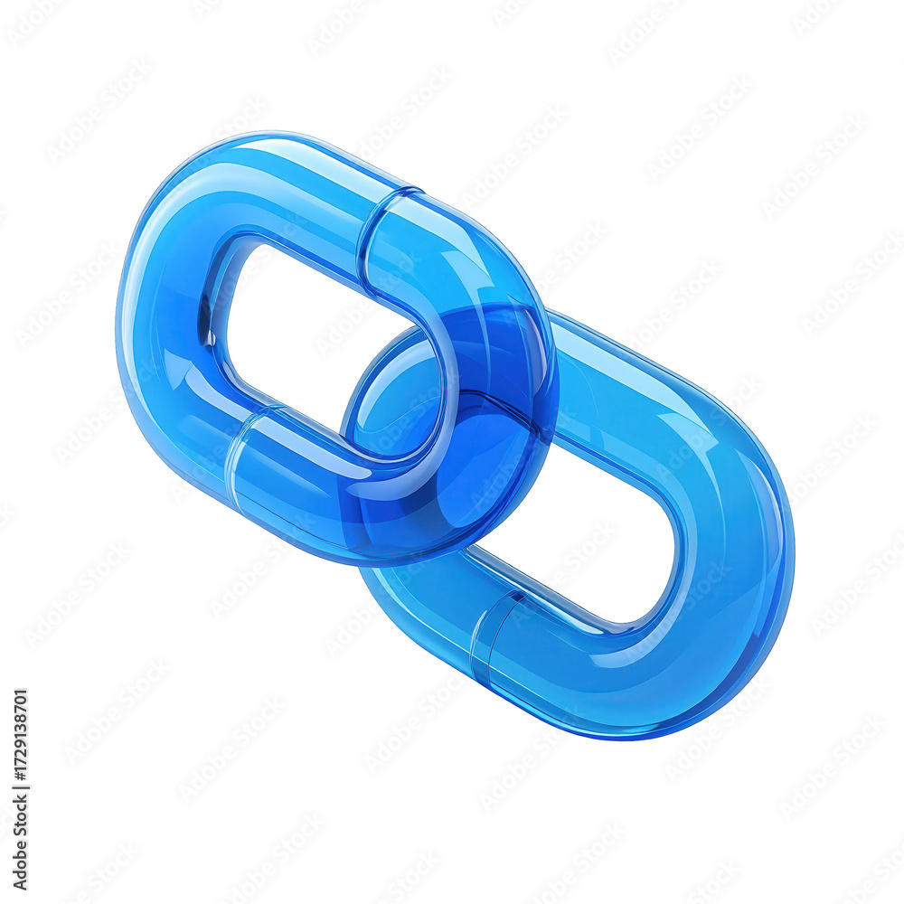 Transparent blue chain links are displayed in a diagonally positioned composition against a black background, showcasing a clean and modern design.