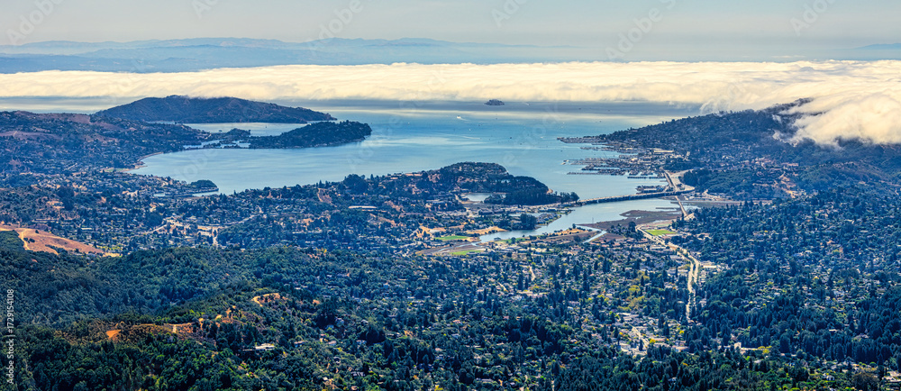 Panoramic view from Mount Tamalpais East Peak overlooking San Francisco Bay, Richmond San Rafael Bridge, Angel Island, and rolling hills of Marin County under fog and blue sky, California USA