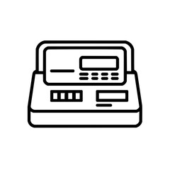 Illustration showing a point of sale terminal with a display screen and button interface in black outline