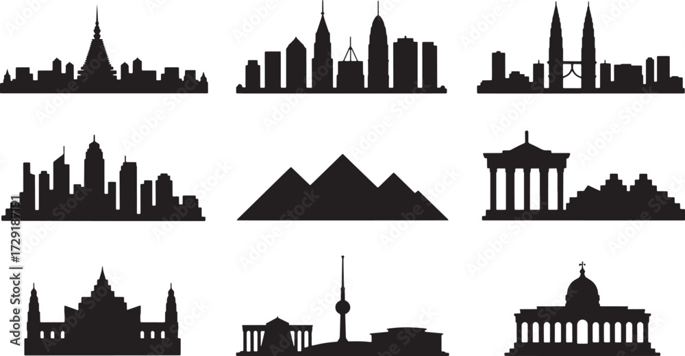 World cities skyline silhouette set Famous buildings landmarks travel ...