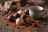 Handcrafted chocolate truffles featuring cocoa beans and powder