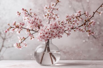 Wall Mural - Cherry branches displayed in a transparent glass container