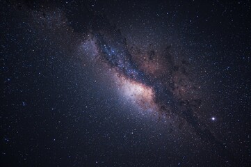 Wall Mural - Realistic cosmic scene featuring stardust, nebulae, moon, and bright stars against a vibrant galaxy background. Vector space illustration. Star-filled night sky, endless cosmos, spiral galaxy.