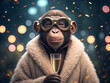 © ReponChandra - A sophisticated monkey wearing goggles and a fluffy coat holds a glass of champagne amidst a bokeh background