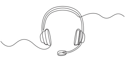 Continuous line drawing of headphones on a white background showcasing minimalist design and simplicity