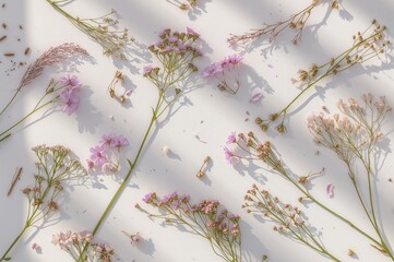 Wall Mural - Gentle lavender wildflowers arranged on a clean white surface with subtle shadows and ample space for text, viewed from above.